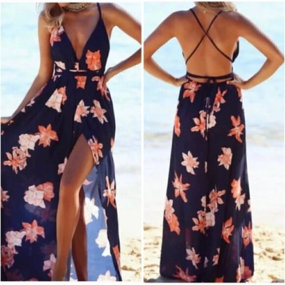 NAVY BLUE PINK FLORAL PLUNGE V NECK CRISSCROSS BACK HIGH SLIT MAXI DRESS Small - Picture 11 of 11